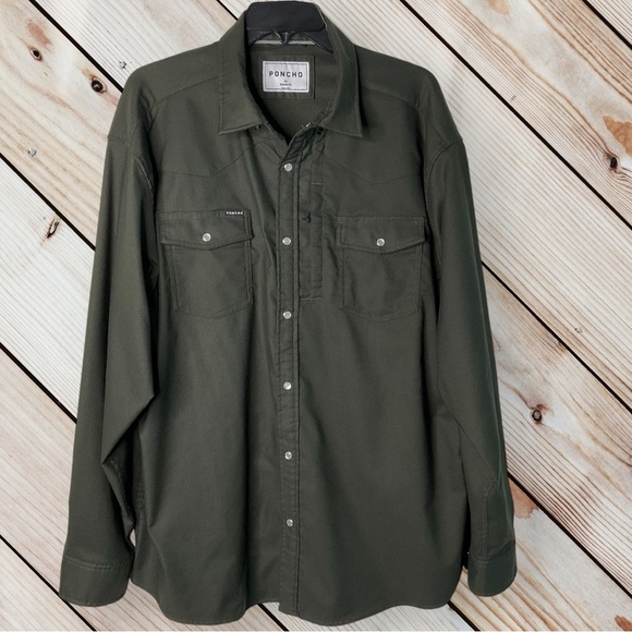 Poncho Men's Pearl Snap Flannel Shirt The Laramie Dark Green Fishing Cabin Core - Picture 2 of 15